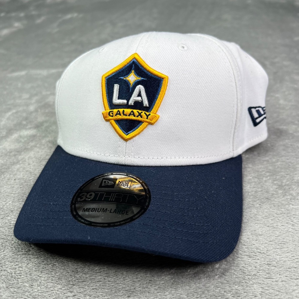LA Galaxy New Era Jersey Hook 39Thirty 2 Tone White Navy Stretch Fit Hat Cap M/L